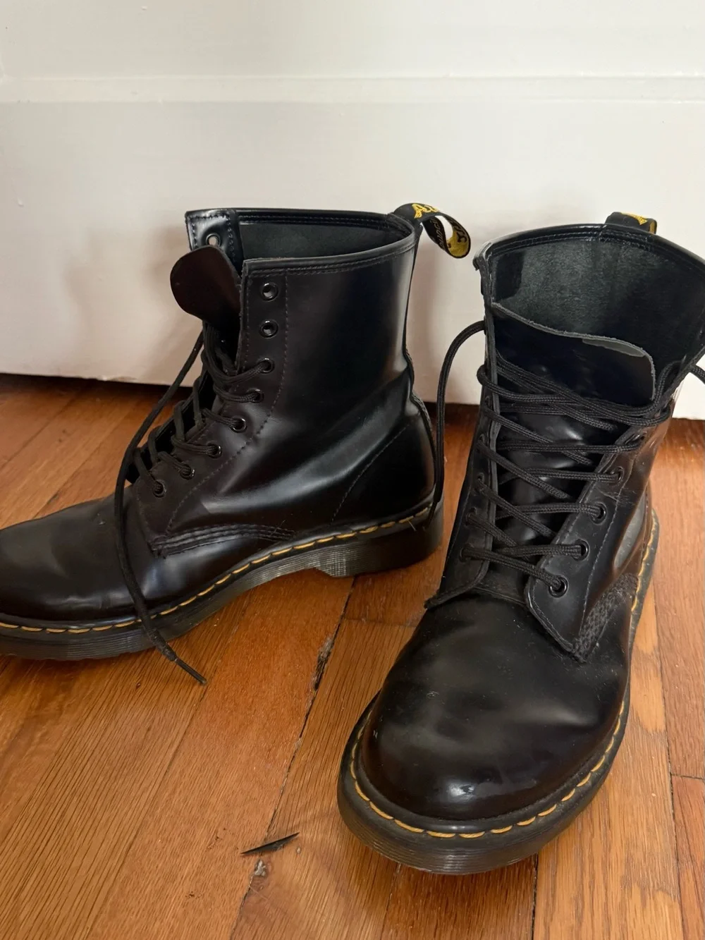 Dr. Martens 1460 Black Leather 8-Eye Lace-Up Boots with Yellow Snitching